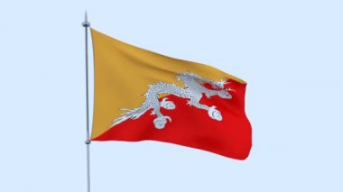 Ülke Bhutan bayrağı mavi gökyüzüne karşı çırpınır. 3D render
