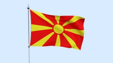 Ülke Makedonya bayrağı mavi gökyüzüne karşı çırpınır. 3D render