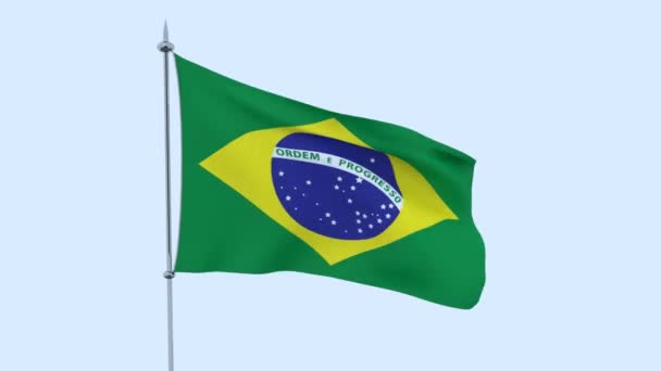 Флаг Страны Бразилия Трепещет Перед Голубым Небом Рендеринг — стоковое видео