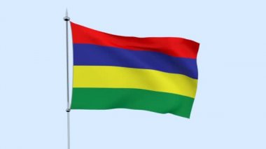 Ülke Mauritius bayrağı mavi gökyüzüne karşı çırpınır. 3D render