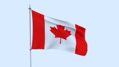 Ülke Kanada bayrağı mavi gökyüzüne karşı çırpınır. 3D render