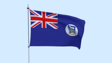 Ülke Falkland Adaları bayrağı mavi gökyüzüne karşı çırpınır. 3D render