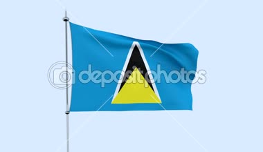 Ülke Saint Lucia bayrağı mavi gökyüzüne karşı çırpınır. 3D render