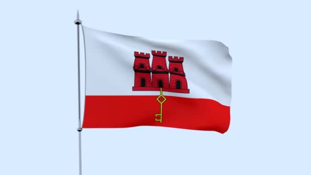 Флаг Страны Гибралтар Трепещет Над Синим Небом Рендеринг — стоковое видео
