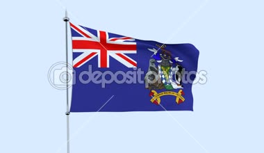 Ülkenin bayrağı Güney Georgia ve Güney Sandwich Adaları mavi gökyüzüne karşı çırpınıyor. 3B işleme