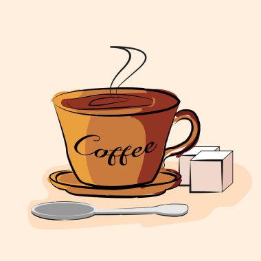 Kahverengi bardakta kahve, kaşık ve şeker. düz illüstrasyon