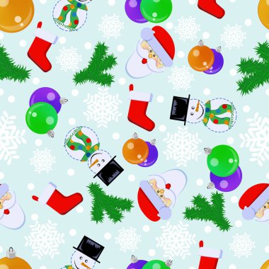 Noel Baba, kardan adam, ladin dal, hediyeler için çorap ile Happy New Year sorunsuz desen