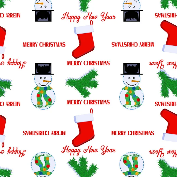 Kardan adam, kar tanesi, hediyelik çorap, ladin dalı, tebrik yazıt ile Mutlu Noeller ve Happy New Year sorunsuz desen