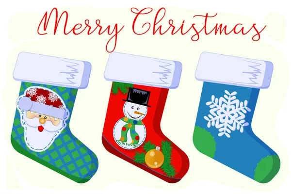 Calcetines Regalo Navidad Con Copo Nieve Muñeco Nieve Santa Claus — Vector de stock