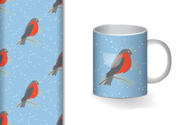 Ladin ve bullfinch, konsept tasarım ve kumaş baskı kağıdı, vektör illüstrasyon bir dalı ile bir desen ve sorunsuz arka plan ile kahve için Kupa