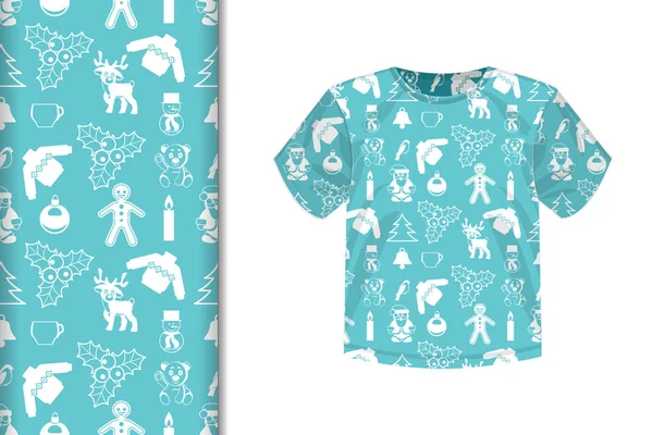 Beyaz desenli ve kusursuz arka plan, kumaş ve baskı kağıt için tasarım konsepti, vektör illustratio ile mavi t-shirt