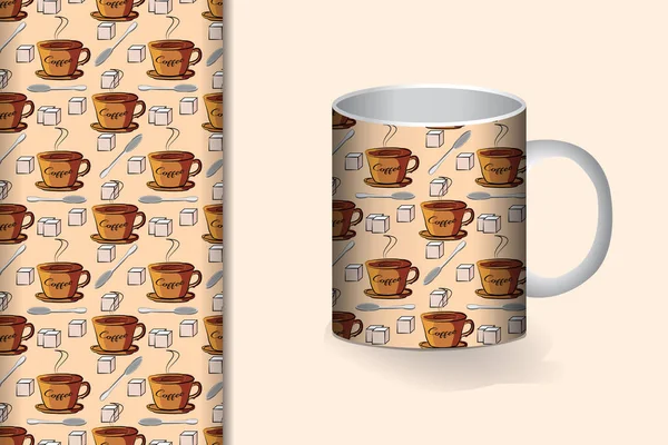 Fondo sin costuras con un patrón de tazas de café y un concepto de diseño de diseño de taza para tela y papel de impresión — Vector de stock