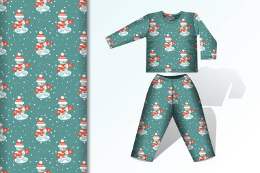 Baskı için kumaş ve kağıt tasarımı için sahte ve dikişsiz desen konsepti ile dikişsiz arka plan Kardan adam yeşil pijama