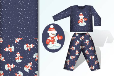 Baskı için kumaş ve kağıt tasarımı için sahte ve dikişsiz desen konsepti ile dikişsiz arka plan Kardan Adam pijama