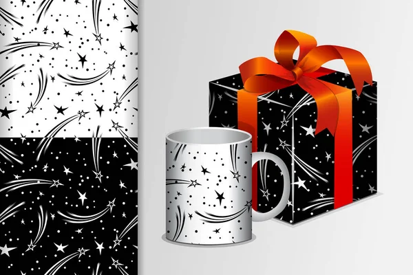 İki kusursuz desen hediye ve kupa ve yıldız adayları ile taklit kumaş ve kağıt tasarımı için kavram, vektör illüstrasyon