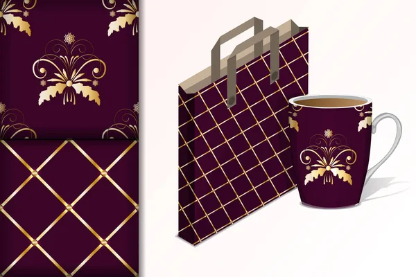 Zwei nahtlose Muster Tasche und Tasse und Mock-up mit Goldmustern Konzept für die Gestaltung von Stoff und Papier für den Druck, Vektorillustration — Stockvektor