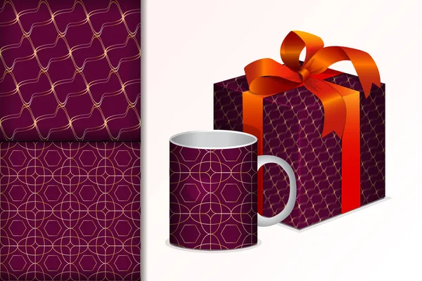 Zwei nahtlose Muster Geschenk und Tasse und Mock up mit goldenen geometrischen Mustern Konzept für die Gestaltung von Stoff und Papier für den Druck, Vektorillustration — Stockvektor