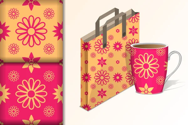 Twee naadloze patronen met bloem ornament en tas en beker mockup, ontwerp concept voor stof en papier, vector illustratie — Stockvector