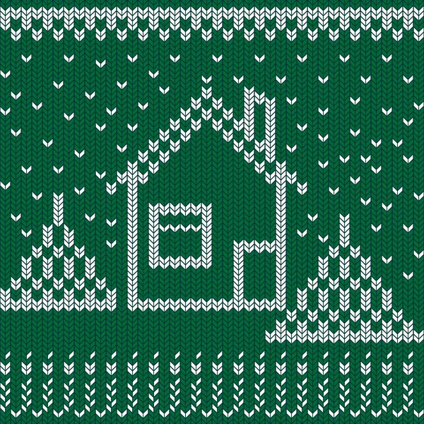 Wintervakantie gebreid patroon. Kerstbomen, huis, sneeuw en breiwerk. Naadloze wollen gebreide imitatie textuur vector illustratie — Stockvector