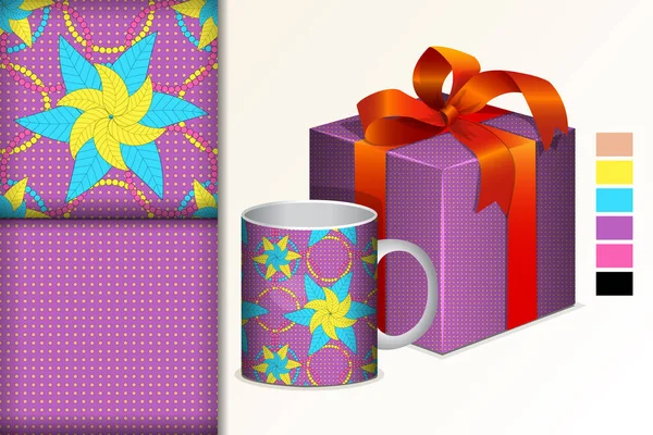 Parlak çiçek süslemeli iki kusursuz desen hediye ve kupa modeliyle, kumaş ve baskı kağıdı tasarımı konsepti, vektör illüstrasyonu — Stok Vektör