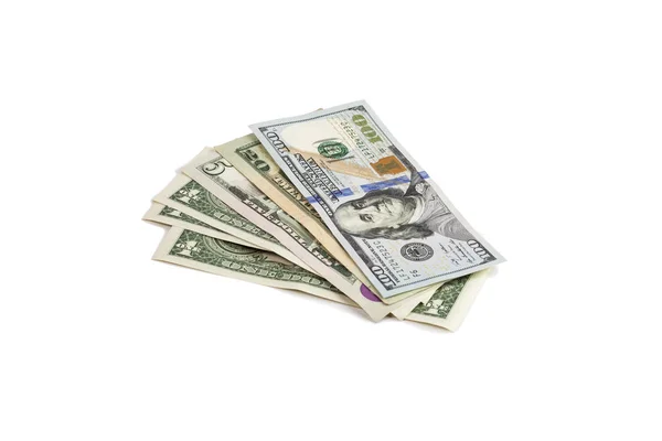 Câteva Bancnote Dolari Răspândit Fan Fundal Alb Izolat — Fotografie, imagine de stoc