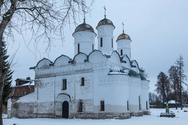 Белая Каменная Церковь Золотыми Куполами Фоне Темного Неба — стоковое фото