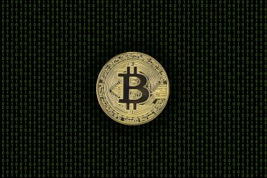 İkili kod yeşil ile siyah bir arka planda Bitcoin