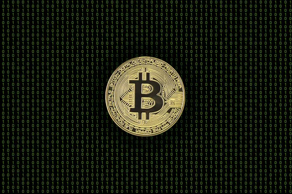 Bitcoin Sobre Fondo Negro Con Código Binario Verde —  Fotos de Stock