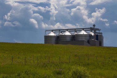 Dramatik bir gökyüzüne karşı yeşil bir alanda Silolar