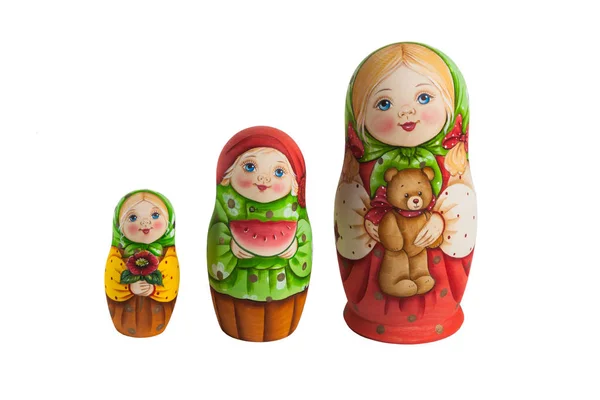 Τρεις Ρωσικές Κούκλες Φωλιάσματος Λευκό Απομονωμένο Φόντο — Φωτογραφία Αρχείου