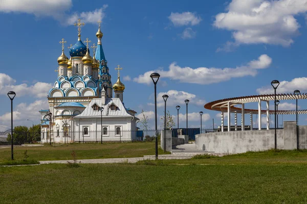 Orthodox Church Blue Golden Domes Background Cloudy Sky — Stock Photo, Image