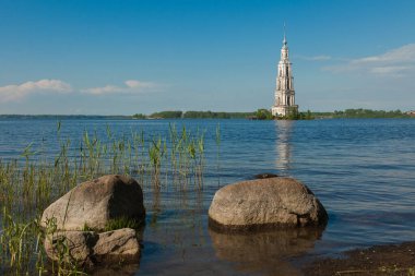 The bell tower flooded as a result of the construction of the dam on the Volga in the city of Kalyazin (Russia)