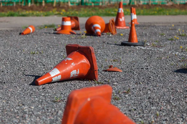 Several Old Traffic Cones Strewn Asphalt — Stock Photo, Image