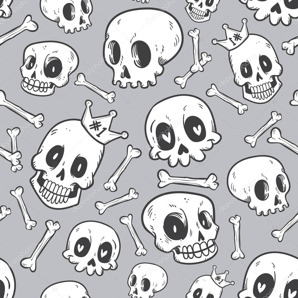 seamless pattern cute doodle skull collection
