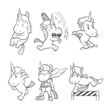 şirin anahat tek boynuzlu at illüstrasyon ayarla