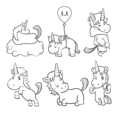 şirin anahat tek boynuzlu at illüstrasyon ayarla