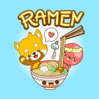 japonya sevimli doodle kırmızı panda ve ahtapot ramen yemek
