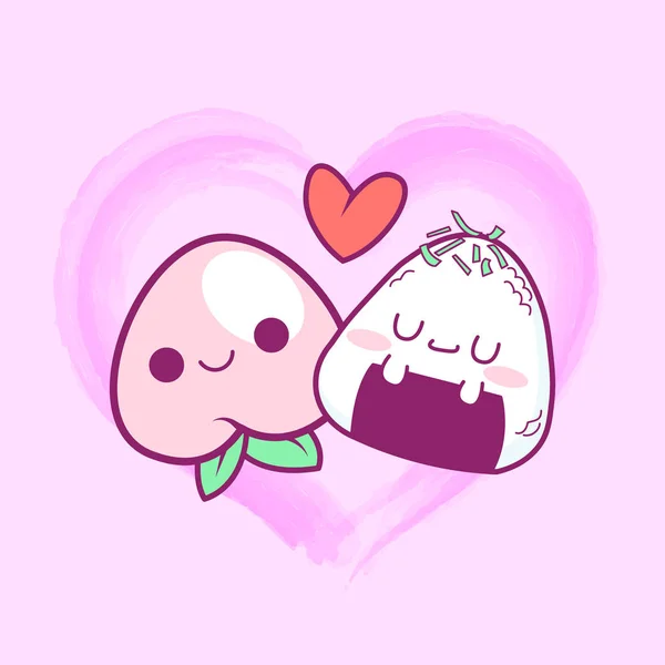 Lindo doodle melocotón y onigiri amor fondo — Vector de stock