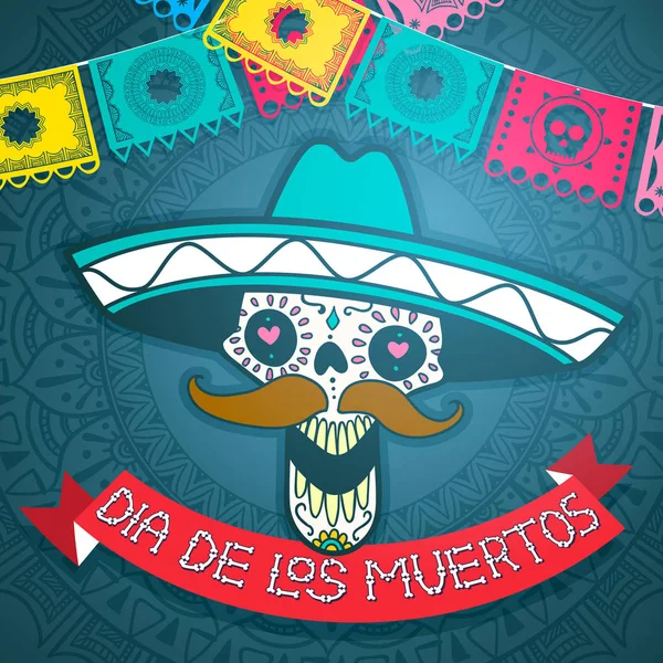 Calavera de azúcar mexicana, día del cartel muerto — Vector de stock