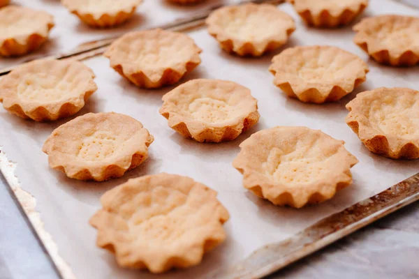 Procesul Face Tort Tartlet Tort Tartă Coş Prăjituri Procesul Umplere — Fotografie, imagine de stoc