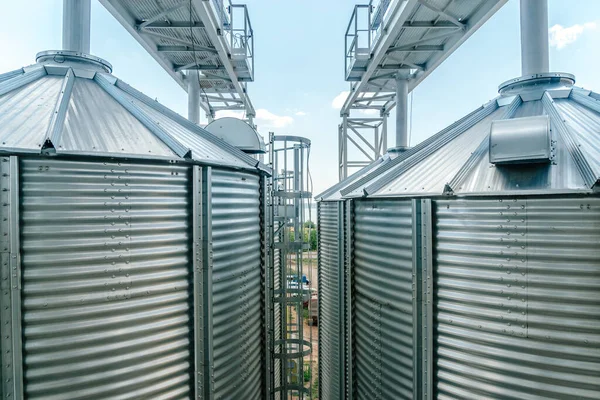 Graanlift Een Veld Onder Een Blauwe Lucht Lifttorens Stalen Delen — Stockfoto