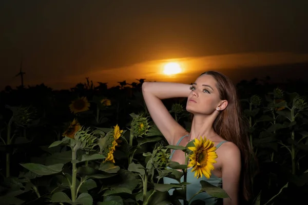 Menina Bonita Posando Pôr Sol Campo Girassol — Fotografia de Stock