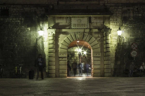 Ancient gate in the Old Town in Kotor at night. Montenegro
