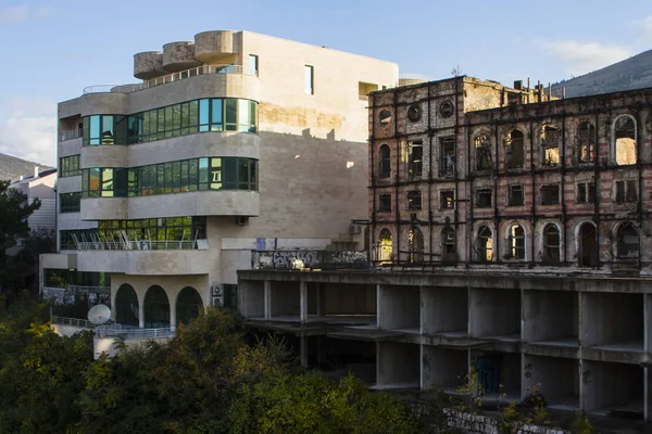 Destroyed by the Bosnian War, the hotel and the newly built after-war hotel in Mostar. Bosnia and Herzegovina