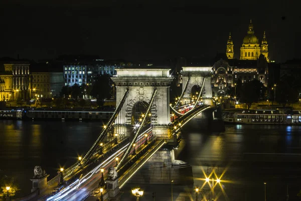 Éjszakai Kilátás Duna Budapesti Hidak Magyarország — Stock Fotó