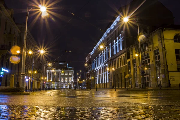 Ночная Улица Дождливый День Вроцлаве Польша — стоковое фото