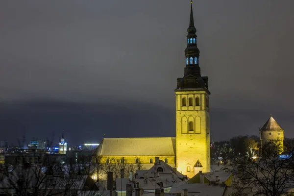 Night View Olafs Church Tallinn Estonia — Stock Photo, Image