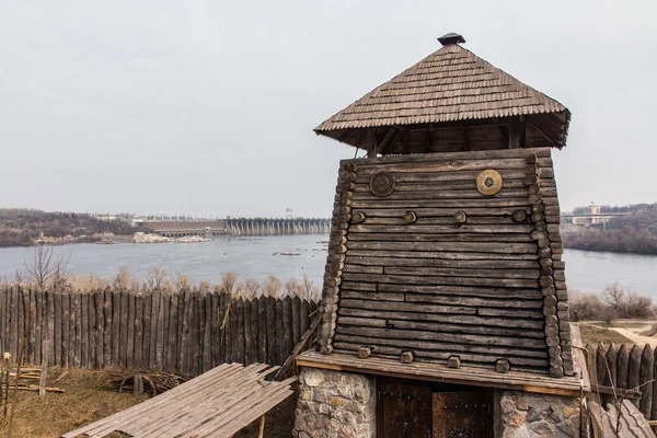 Houten Wachttoren Het Nationaal Reservaat Zaporizhzhia Sich Het Eiland Khortytsia — Stockfoto