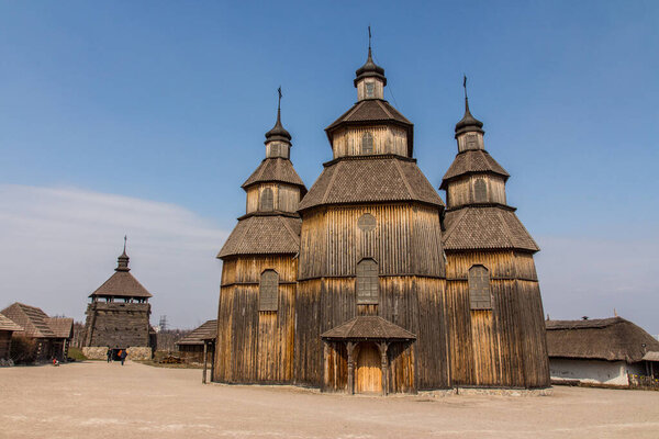 View of the wooden church in the National Reserve "Zaporizhzhia Sich" on the island of Khortytsia in Zaporizhzhia. Ukraine