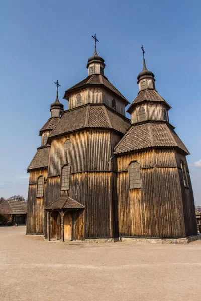 Pohled Dřevěný Kostel Národní Rezervaci Zaporizhzhia Sich Ostrově Khortytsia Zaporizhzhia — Stock fotografie